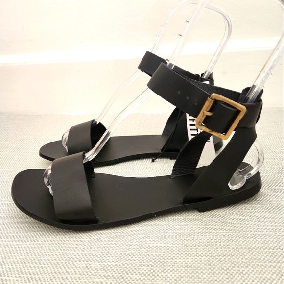 Urban Oitfitters Lana Ankle Strap Black Leather Flat Sandals Women Size 9 - Picture 2 of 14